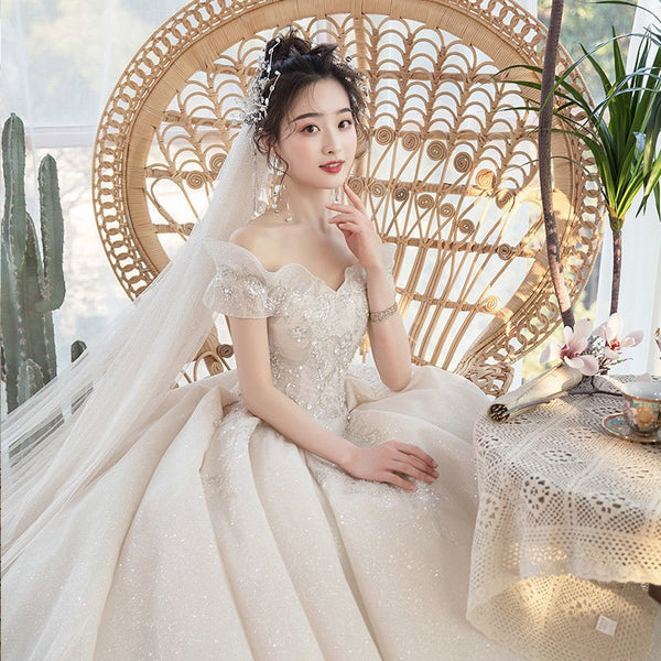 One-Shoulder Wedding Dress Super Fairy Dream Little Bride Trailing Starry Sky