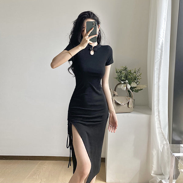 Black Ruched Bodycon Mid Length Dress