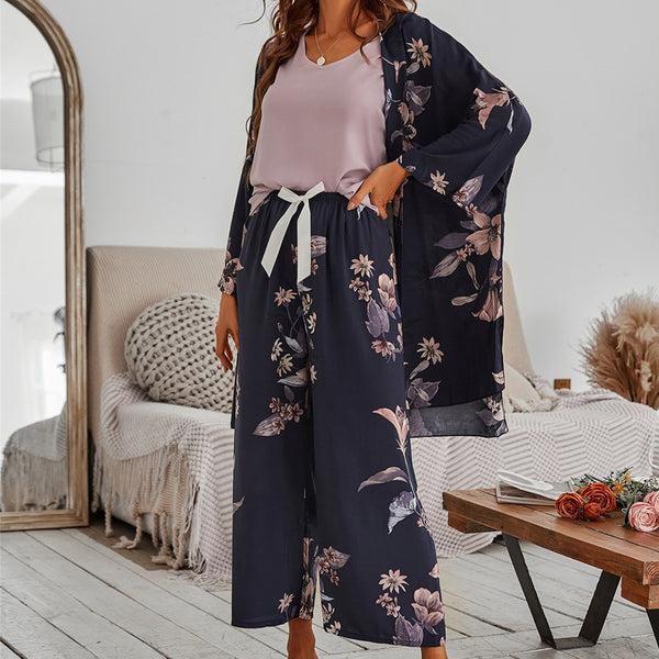 Women Pajamas Set Viscose Floral Printed Female Loose Sleepwear Nightwearar