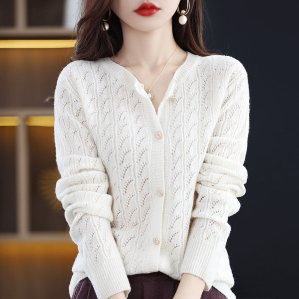 Women Solid Color Loose Round Neck Cardigan