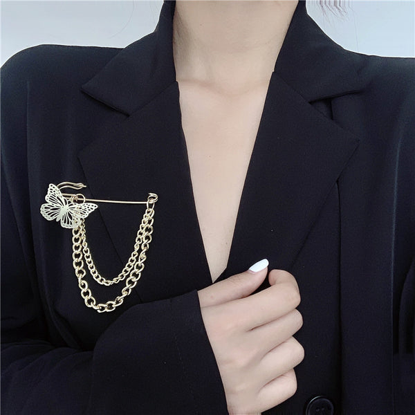 Korean Ins Trend Retro Butterfly Chain Pin Brooch Street Fashion Metal Suit Decoration Hip-hop